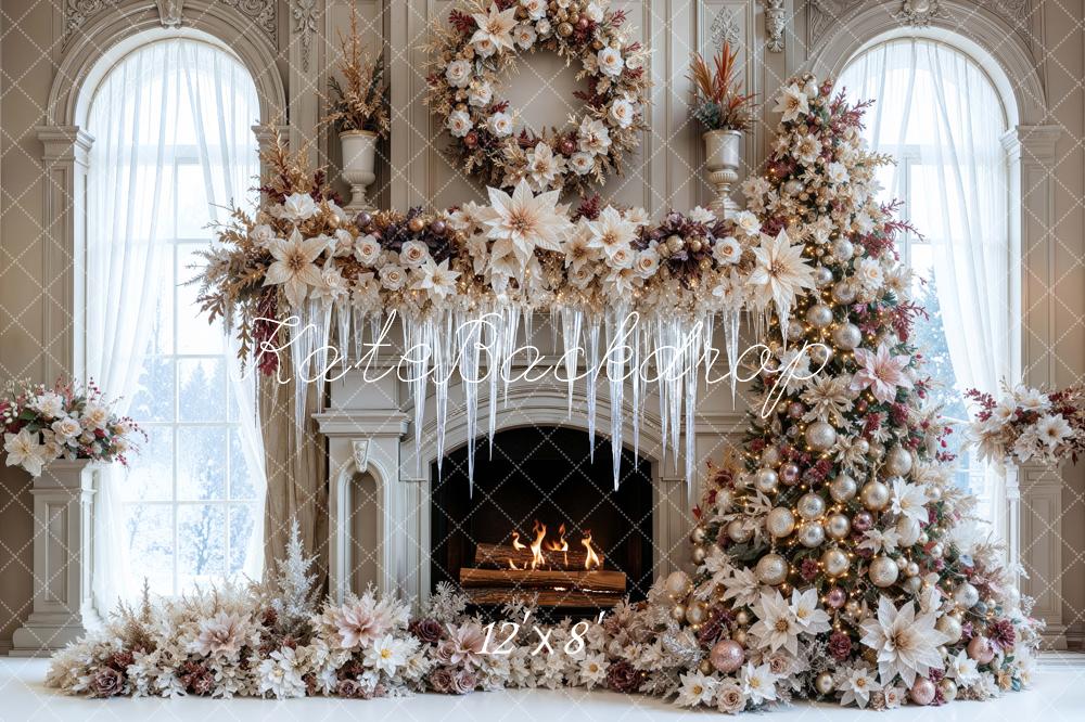 Kate Christmas Tree Poinsettia Frozen Fireplace Wreath Arch Printed Backdrop Designed by Mini MakeBelieve