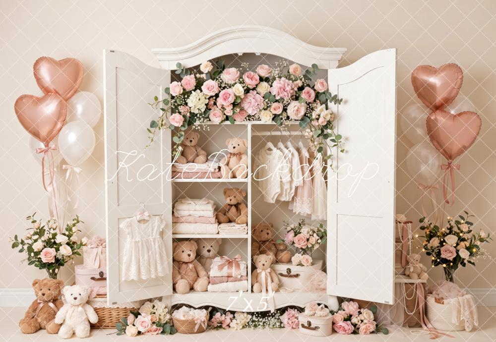 Kate Valentine's Day Teddy Bear Floral Wardrobe Pink Heart Balloon Printed Backdrop Designed by Patty Roberts