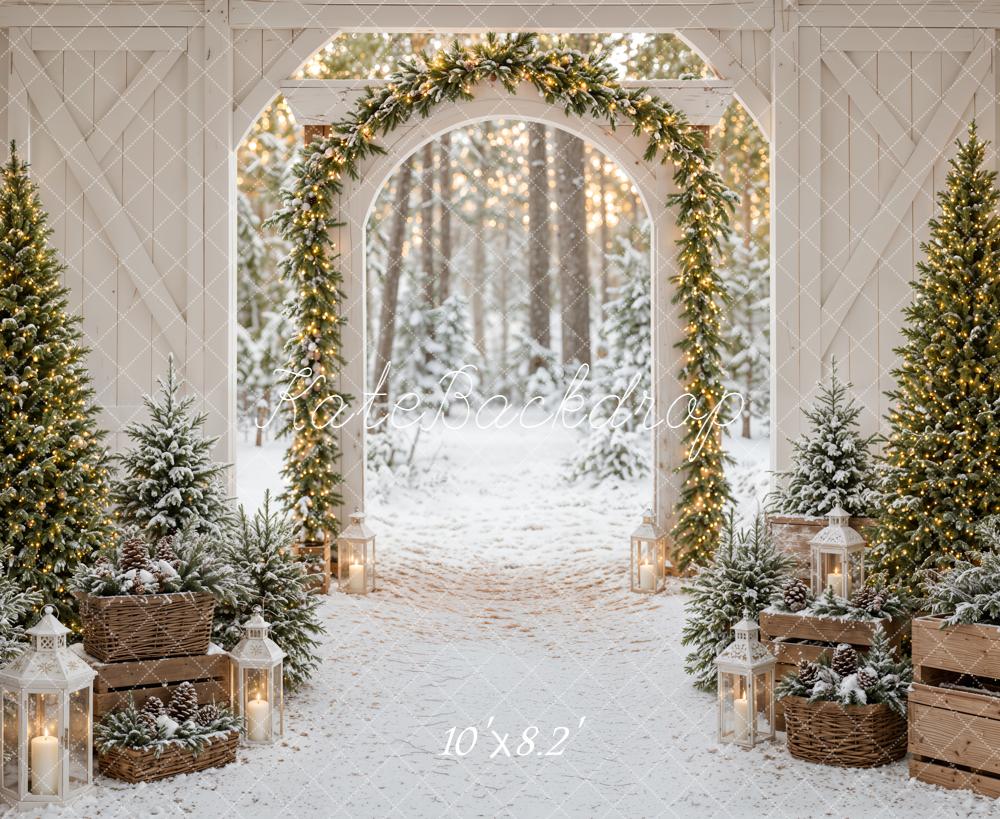 Kate Christmas Barn Arch Snowy Trees Lanterns Printed Backdrop Designed by Emetselch