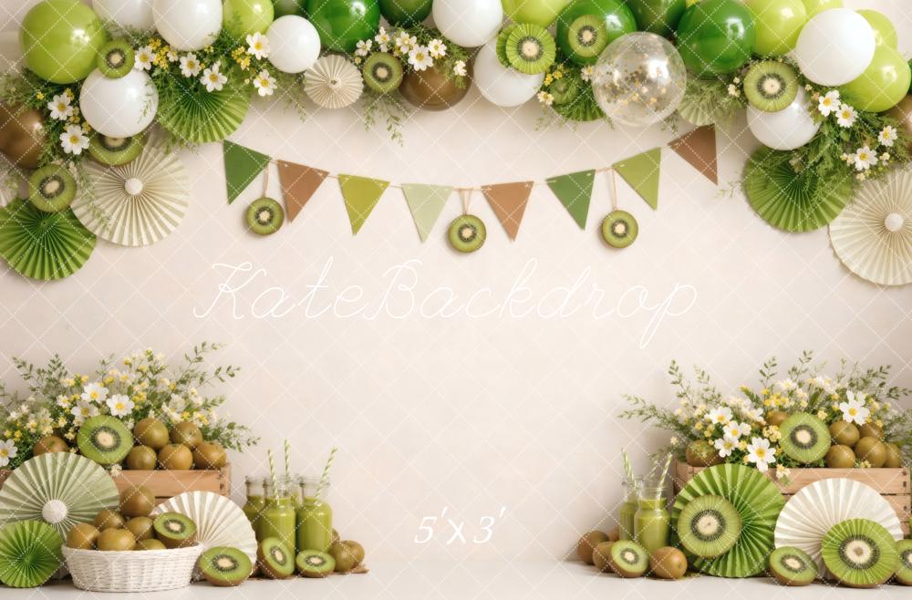 Kate Summer Party Fresh Kiwi Fruit Balloons Garland Green Flowers Printed Backdrop Designed by Vertigo Productions