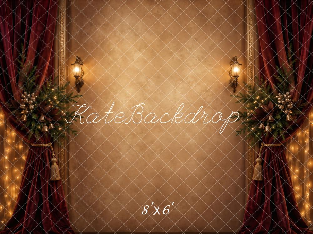 Kate Christmas Burgundy Drapes Garland Lanterns Printed Backdrop Designed by Vertigo Productions