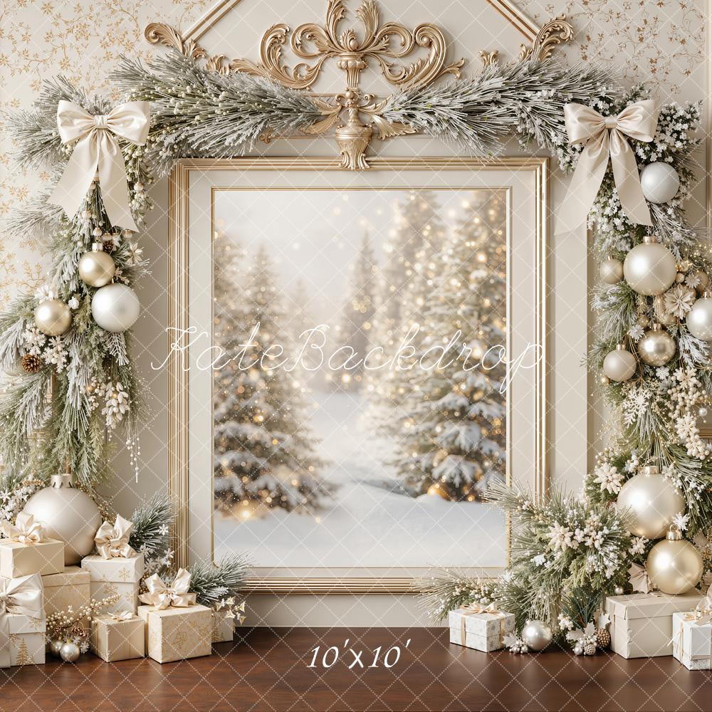 Kate Christmas Pine Garland Gift Boxes Vintage Framed Printed Backdrop Designed by Emetselch