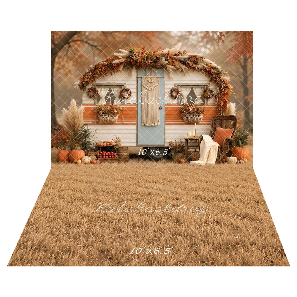 Kate Fall Boho Camper Pampas Grass Pumpkins Macrame Printed Backdrop+Dry Grass Field Floor Printed Backdrop