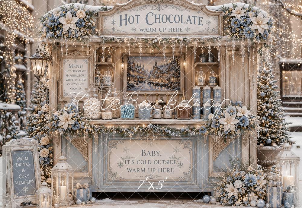 Kate Christmas Hot Chocolate Stand Snowy Floral Stand Blue Printed Backdrop Designed by Ashley Paul
