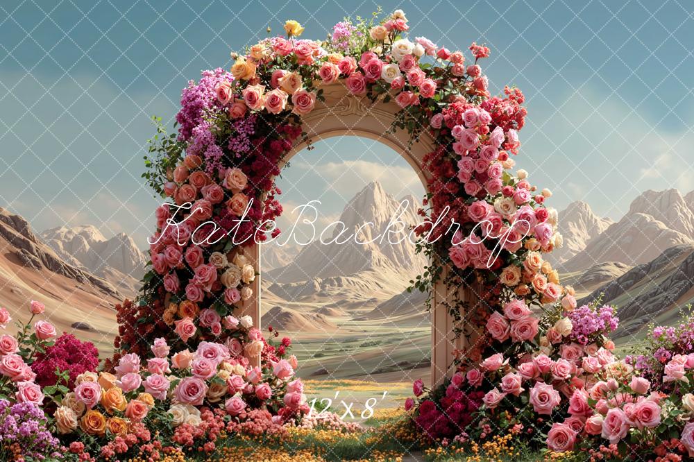 Kate Spring Flower Arch Desert Mountains Printed Backdrop Designed by Mini MakeBelieve