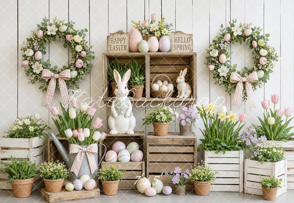Kate Easter Eggs Bunny Wreath Flowers White Wood Plank Printed Backdrop Designed by Emetselch