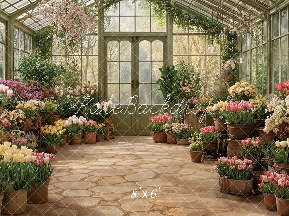 Kate Spring Greenhouse Flower Pots and Stone Floor Printed Backdrop Designed by Emetselch