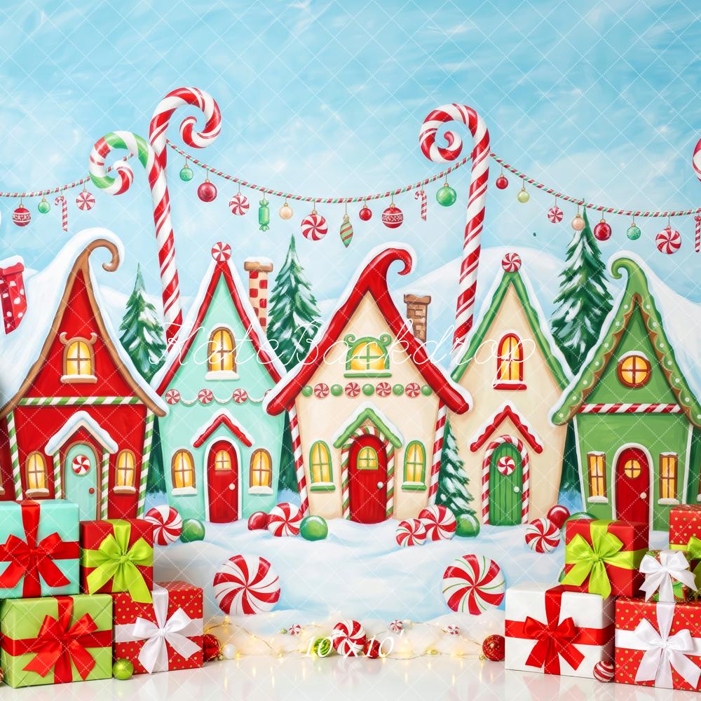 Kate Christmas Whimstical Candy Village Gingerbread Houses Presents Lollipops Printed Backdrop Designed by Patty Roberts