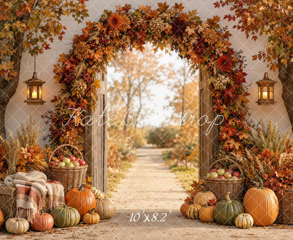 Kate Fall Flower Arch Pumpkin Baskets Garden Path Printed Backdrop Designed by Emetselch