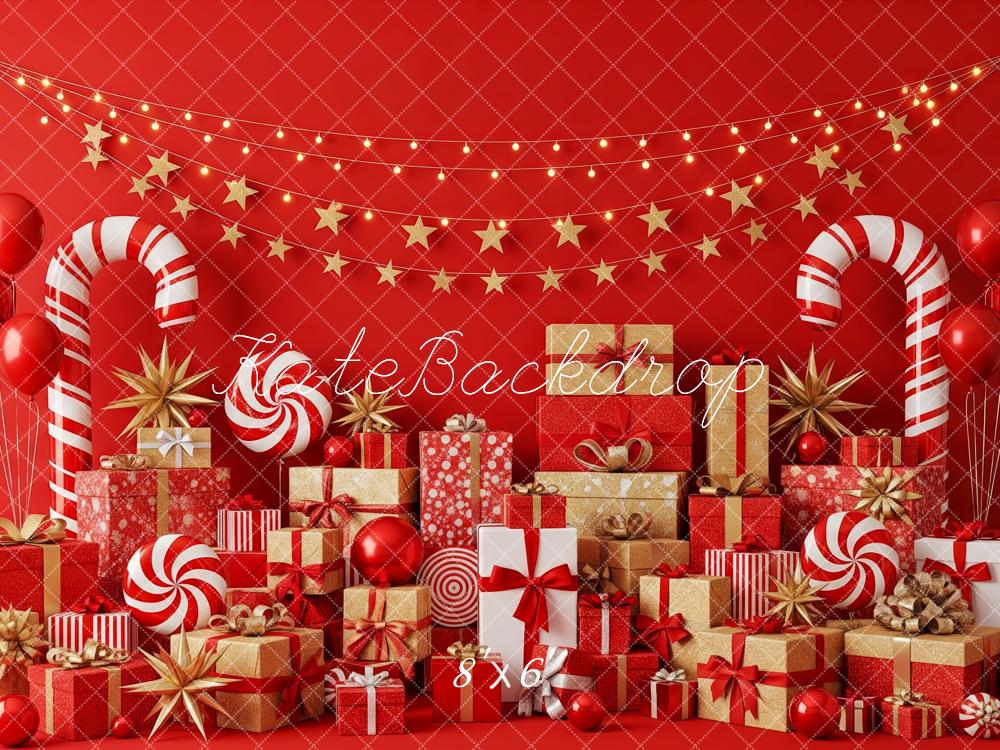 Kate Christmas Red Candy Canes Gift Boxes Stars Balloons Backdrop Designed by Patty Roberts