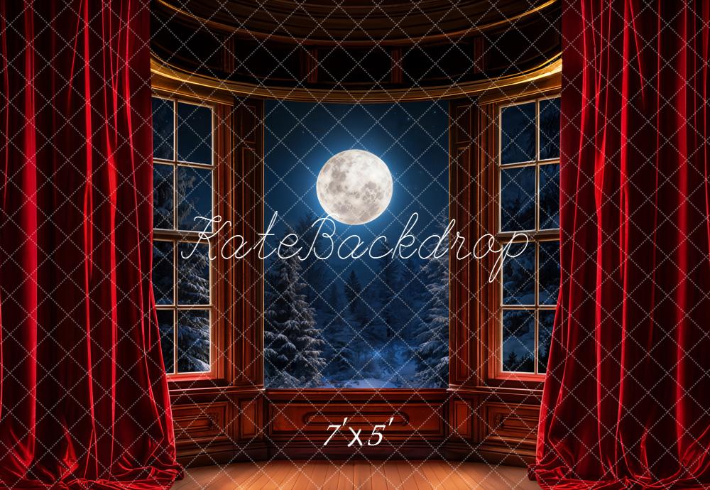 Kate Christmas Full Moon Night Window Red Curtains Snowy Trees Backdrop Designed by Emetselch