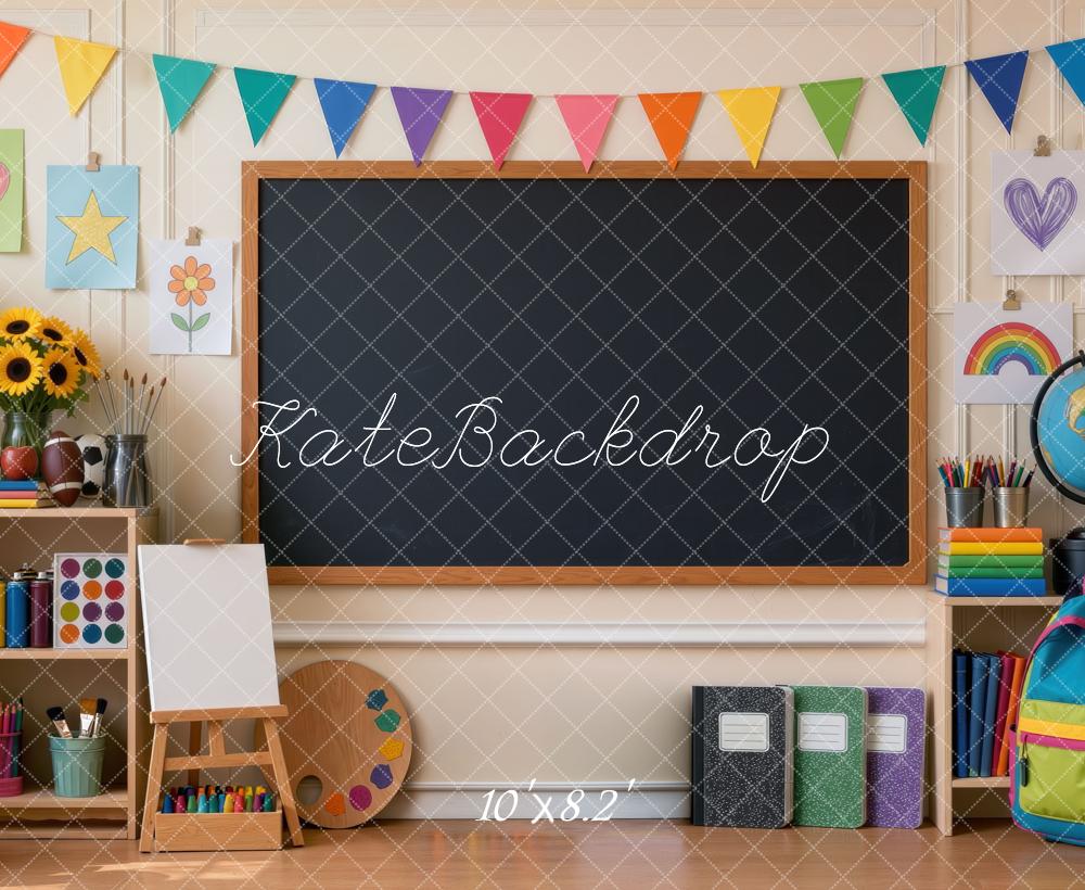 Kate Back To School Classroom Chalkboard Colorful Bunting Printed Backdrop Designed by Mini MakeBelieve