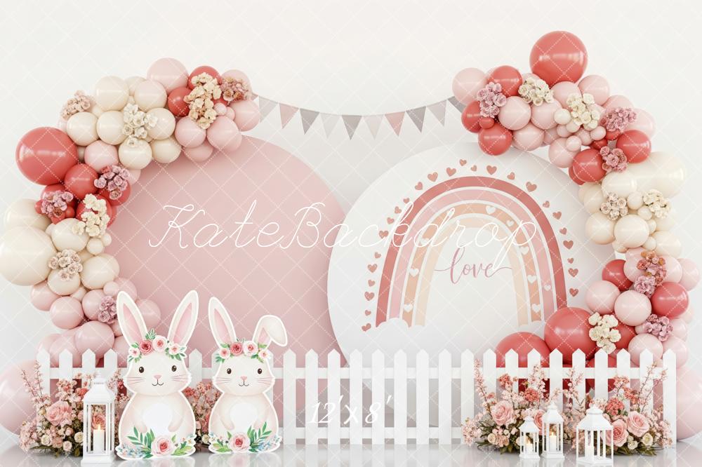 Kate Easter Bunny Pink Balloon Arch Floral Rainbow Backdrop Designed by Patty Roberts