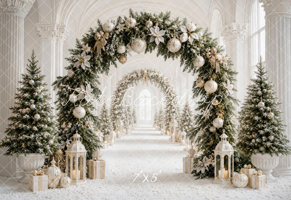 Kate Christmas Flower Archway White Gold Trees Lanterns Columns Printed Backdrop Designed by Emetselch