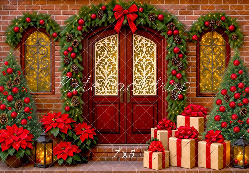Kate Christmas Red Door Garland Gift Boxes Poinsettia Backdrop Designed by Mini MakeBelieve