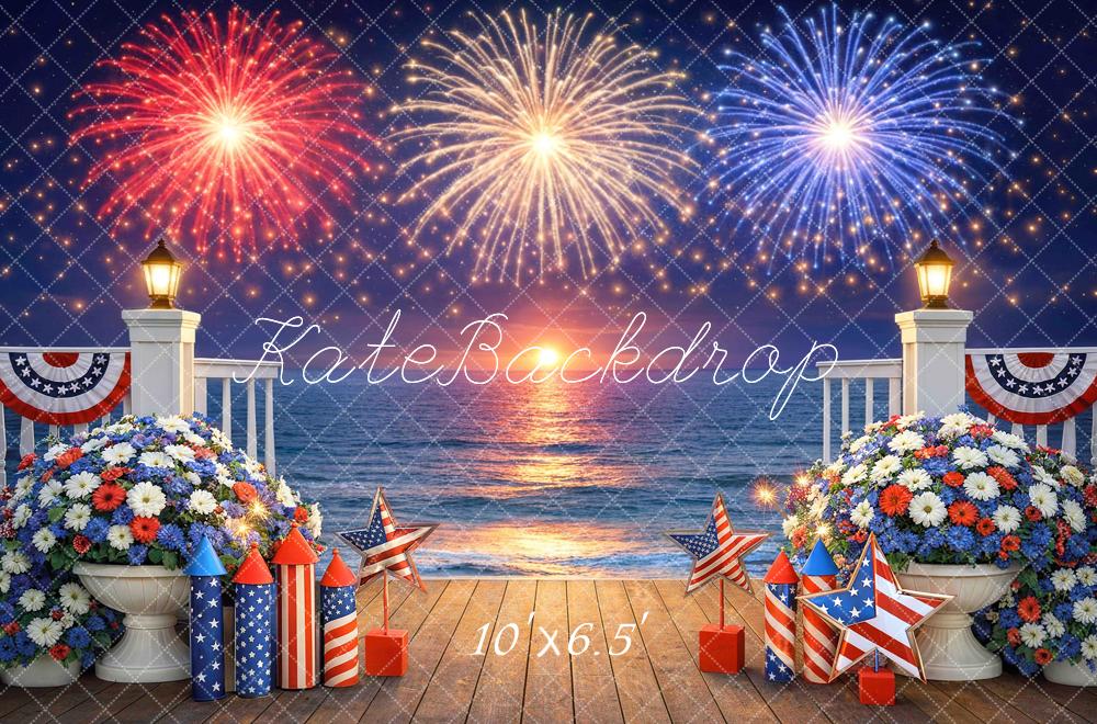 Kate 4th Of July Fireworks Ocean Deck Floral Printed Backdrop Designed by Mini MakeBelieve