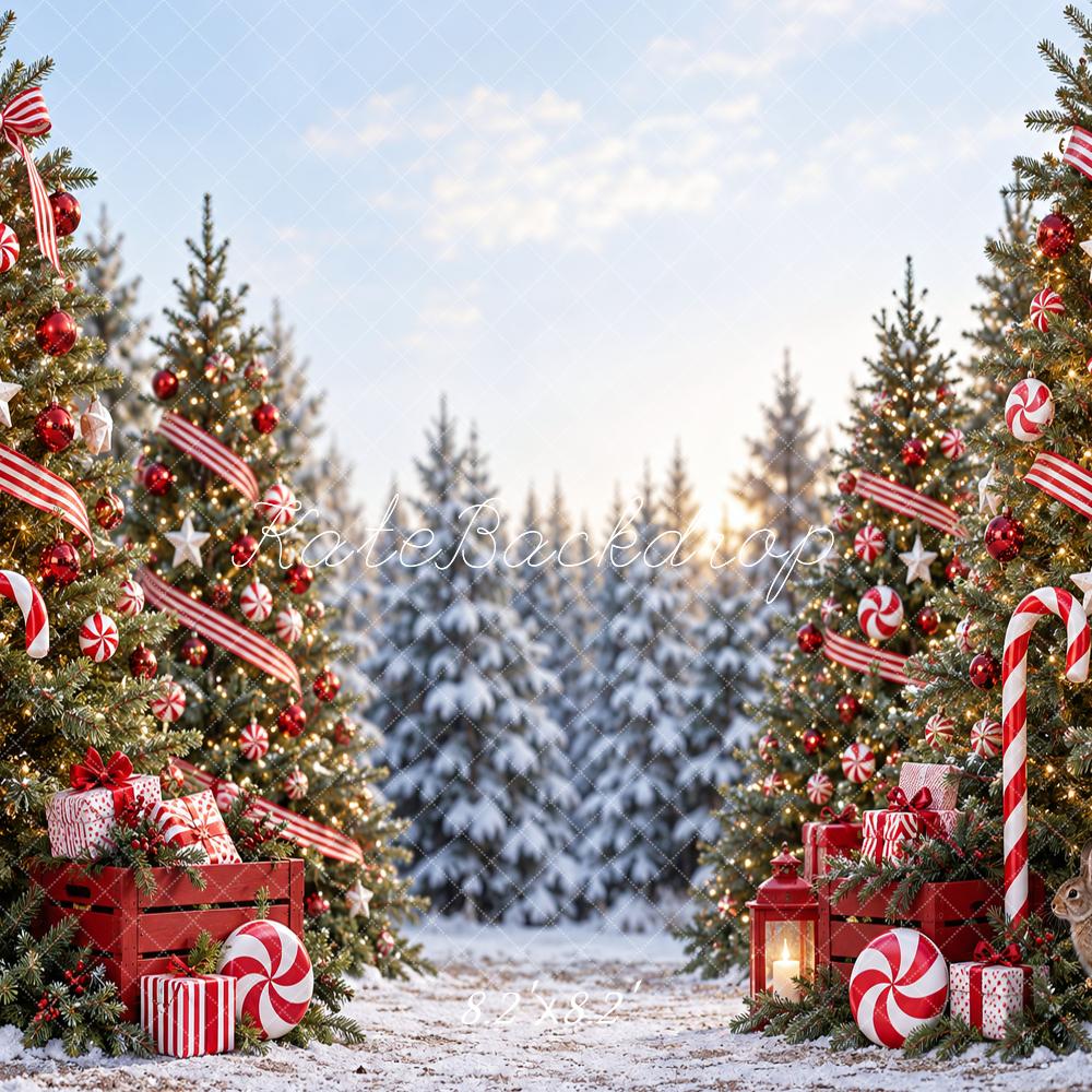 Kate Christmas Candy Cane Trees And Gifts Printed Backdrop Designed by Vertigo Productions