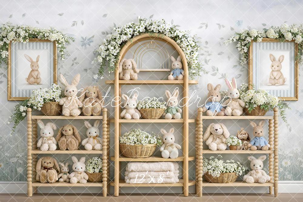 Kate Easter Bunny Flower Arch Plush Shelves Printed Backdrop Designed by Mini MakeBelieve