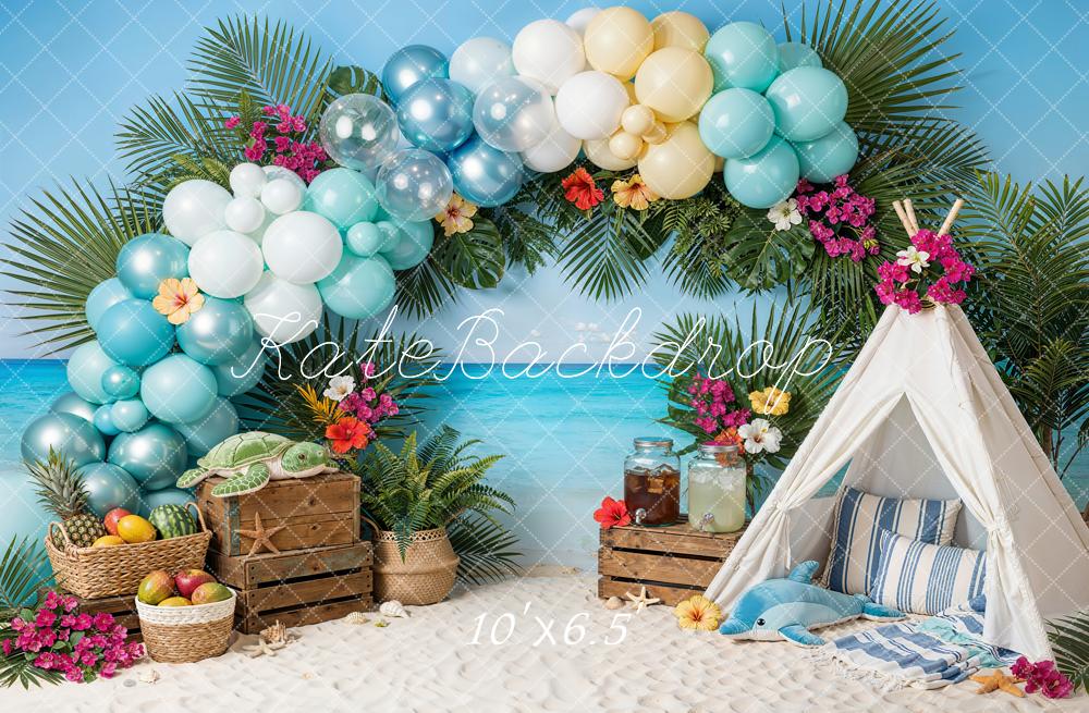 Kate Summer Beach Balloon Arch Tent Palm Leaves Backdrop Designed by Emetselch