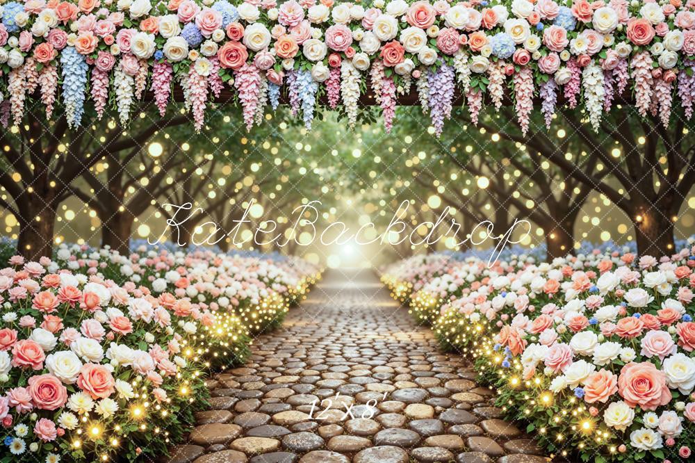 Kate Spring Flower Arch Cobblestone Pathway Bokeh Printed Backdrop Designed by Mini MakeBelieve