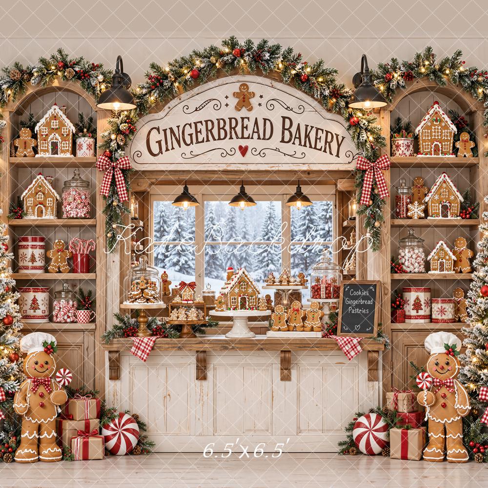 Kate Christmas Gingerbread Bakery Shop Garland Window Printed Backdrop Designed by Emetselch