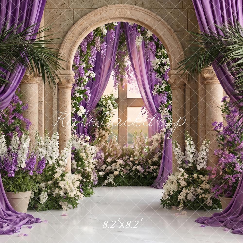 Kate Church Stage Cross Purple Flower Arch Stone Columns Printed Backdrop Designed by Angela Miller