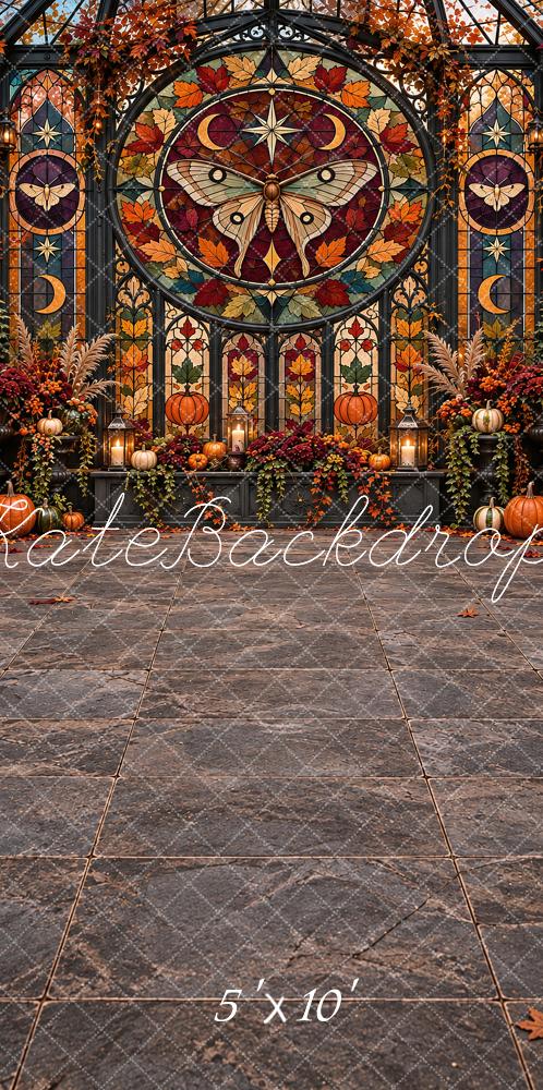 Kate Sweep Fall Stained Glass Moth Pumpkins Printed Backdrop Designed by Vertigo Productions