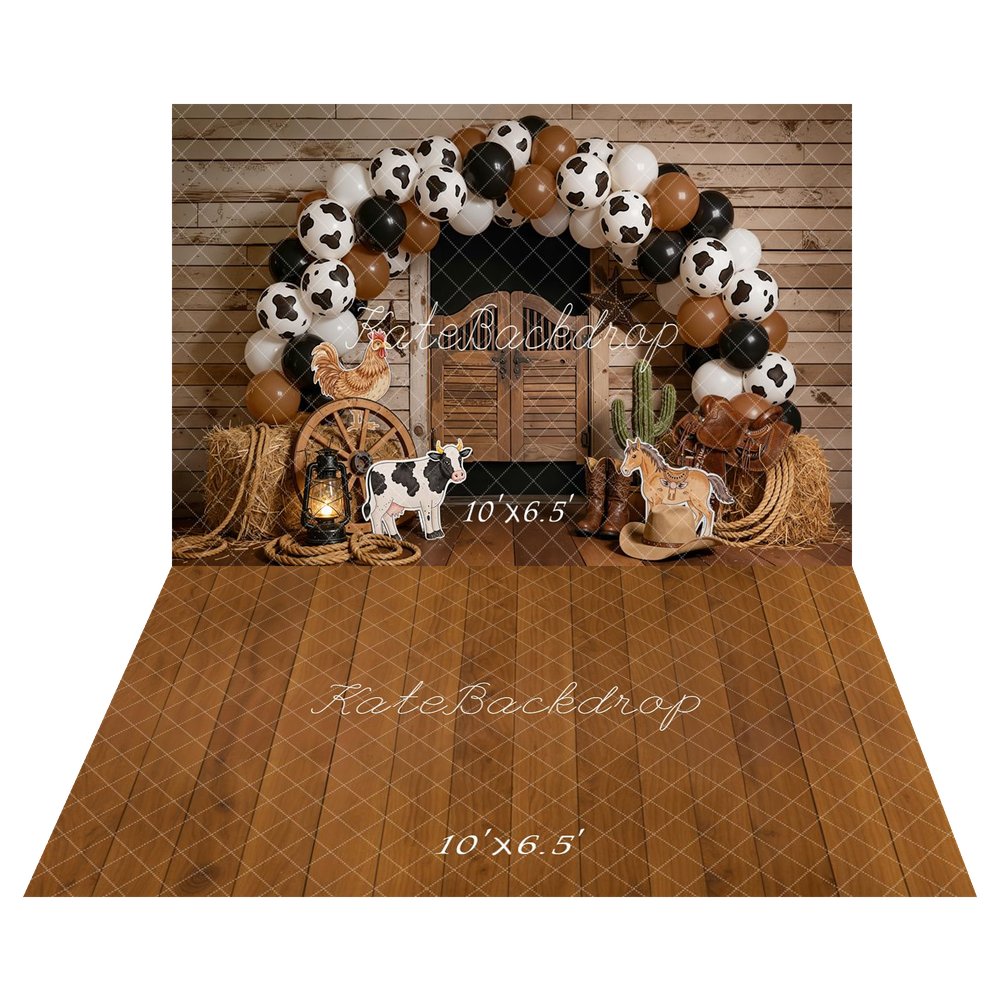 Kate Cake Smash Western Saloon Barn Cow Print Balloon Arch Farm Animals Backdrop+Brown Wooden Plank Retro Floor Backdrop
