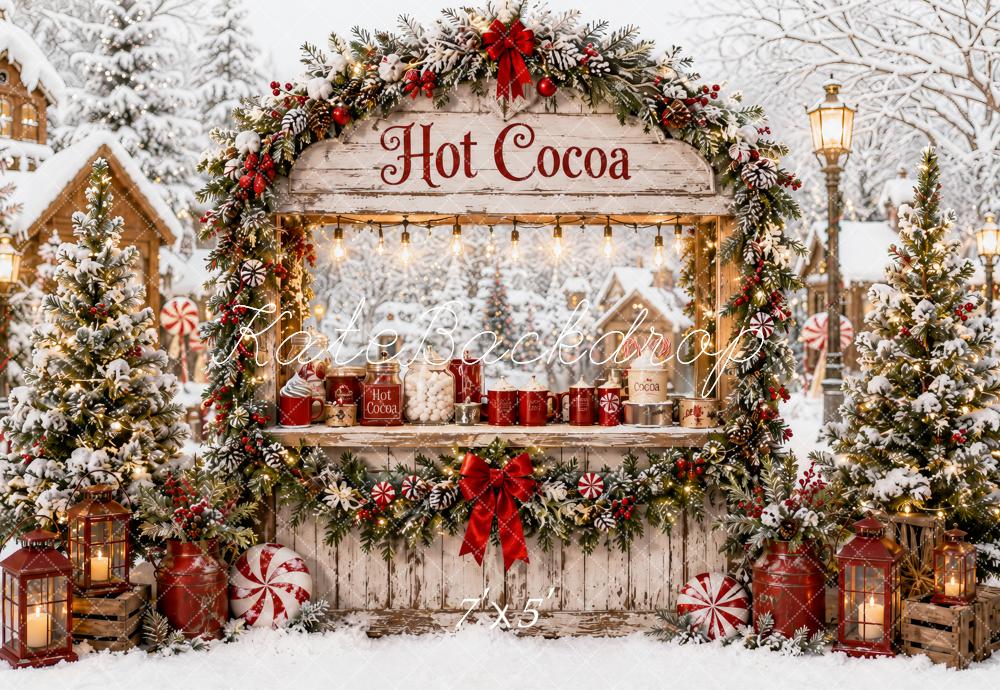 Kate Christmas Vintage Hot Cocoa Stand Snowy Village Trees Printed Backdrop Designed by Ashley Paul
