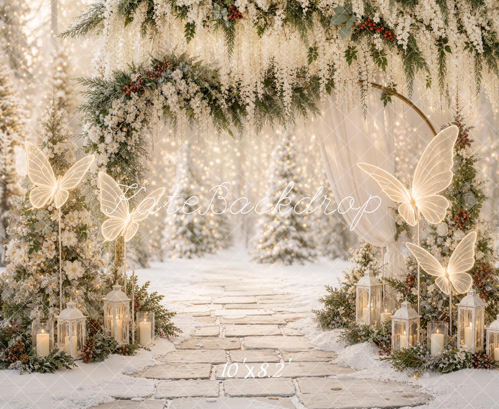 Kate Christmas Winter Floral Arch Dreamy Butterflies Lanterns Printed Backdrop Designed by Emetselch