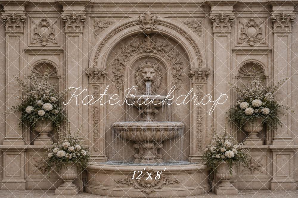 Kate Vintage Stone Fountain Floral Columns Printed Backdrop Designed by Vertigo Productions
