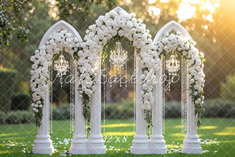 Kate Spring Flower Arch White Roses Chandelier Columns Backdrop Designed by Mini MakeBelieve