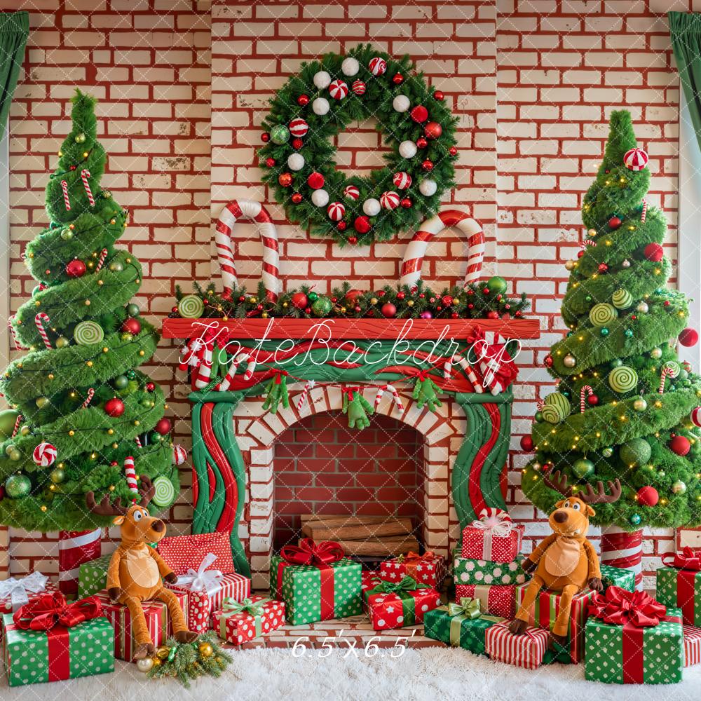 Kate Christmas Fireplace Brick Wreath Tree Gifts Reindeer Plush Backdrop Designed by Emetselch