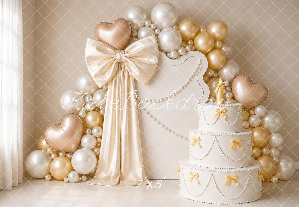 Kate Birthday Cake Smash Pearls Bows Gold Heart Balloons Printed Backdrop Designed by Shutter Swan Studios
