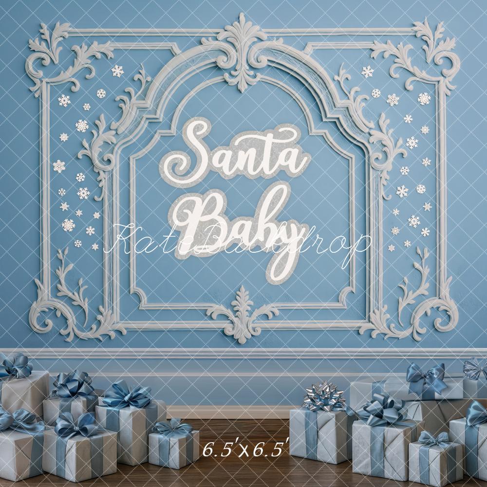 Kate Christmas Blue Santa Baby Ornate Frame Gifts Backdrop Designed by Mini MakeBelieve