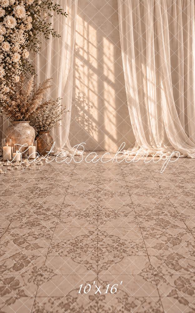 Kate Sweep Wedding Beige Floral Drapes Tile Floor Printed Backdrop Designed by Vertigo Productions
