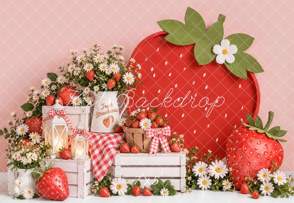 Kate Pink Strawberry Daisy Picnic Printed Backdrop Designed by Emetselch