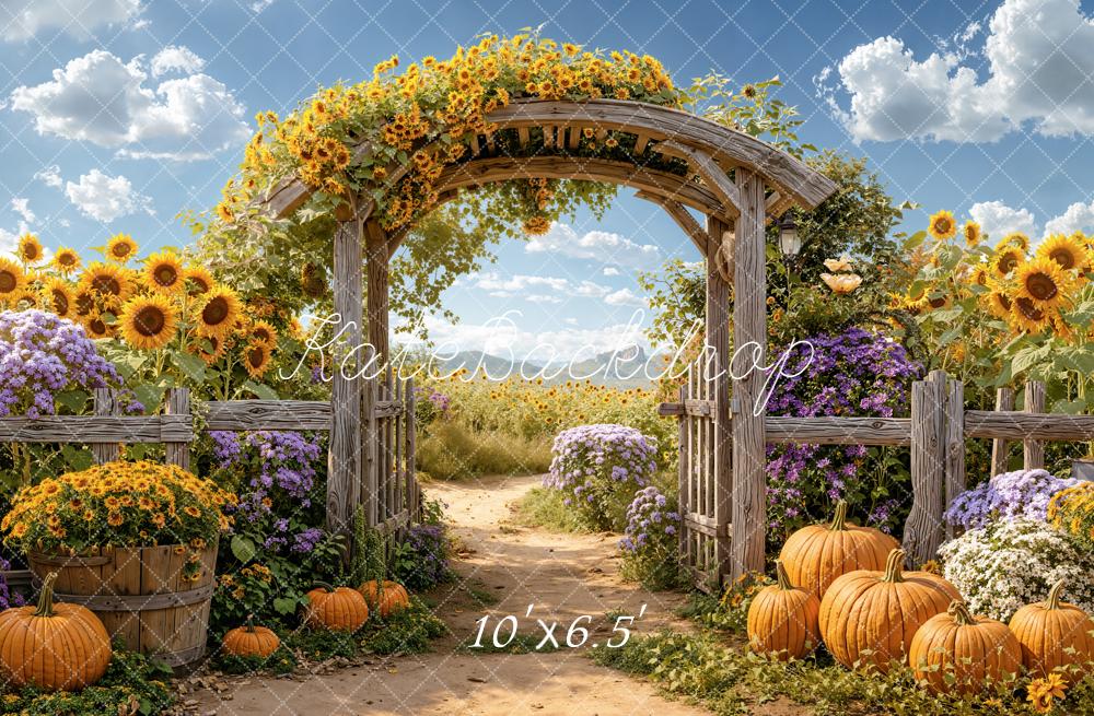 Kate Fall Flower Arch Sunflowers Field Pumpkins Rustic Backdrop Designed by Emetselch