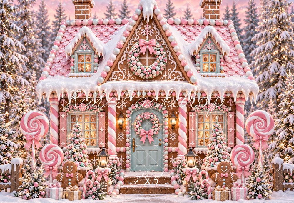 Kate Christmas Pink Gingerbread House Candy Cane Snowy Printed Backdrop Designed by Ashley Paul