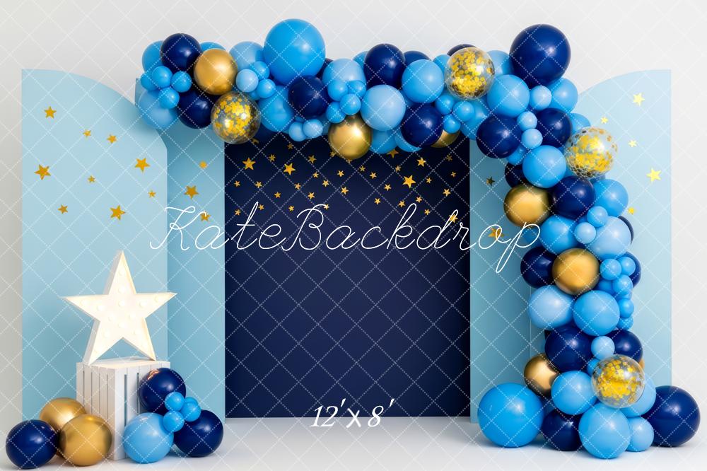Kate Cake Smash Blue Balloon Arch Starry Night Printed Backdrop Designed by Patty Roberts
