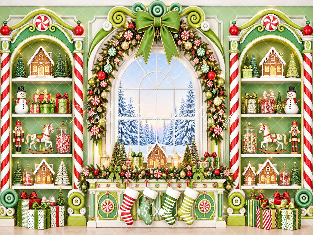 Kate Christmas Fantasy Toys Room Green Gingerbread Candy Cane Window Printed Backdrop Designed by Emetselch