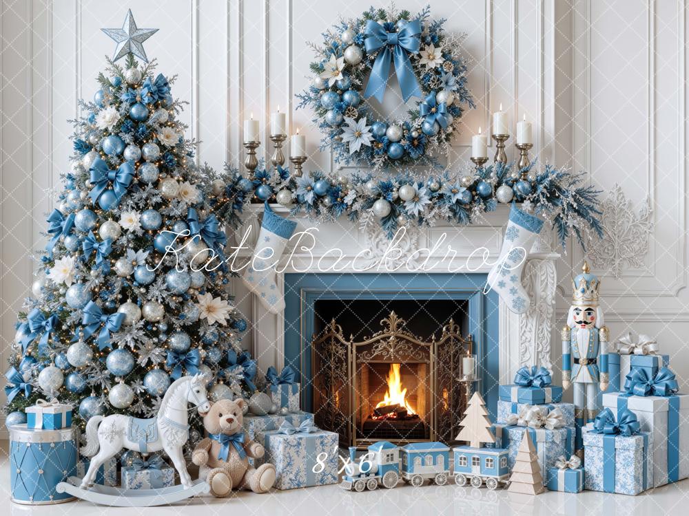 Kate Christmas Tree Blue Fireplace Wreath Gifts Winter Wonderland Printed Backdrop Designed by Mini MakeBelieve