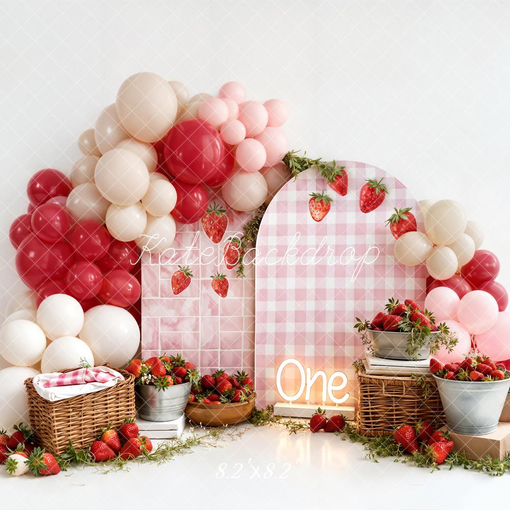 Kate Cake Smash Strawberry Picnic Balloons Pink Gingham Backdrop Designed by Emetselch