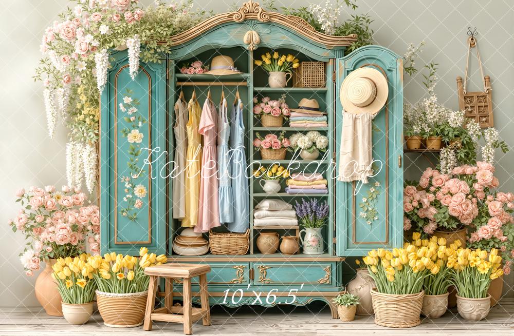 Kate Spring Cabinet Flowers Dresses Teal Printed Backdrop Designed by Emetselch