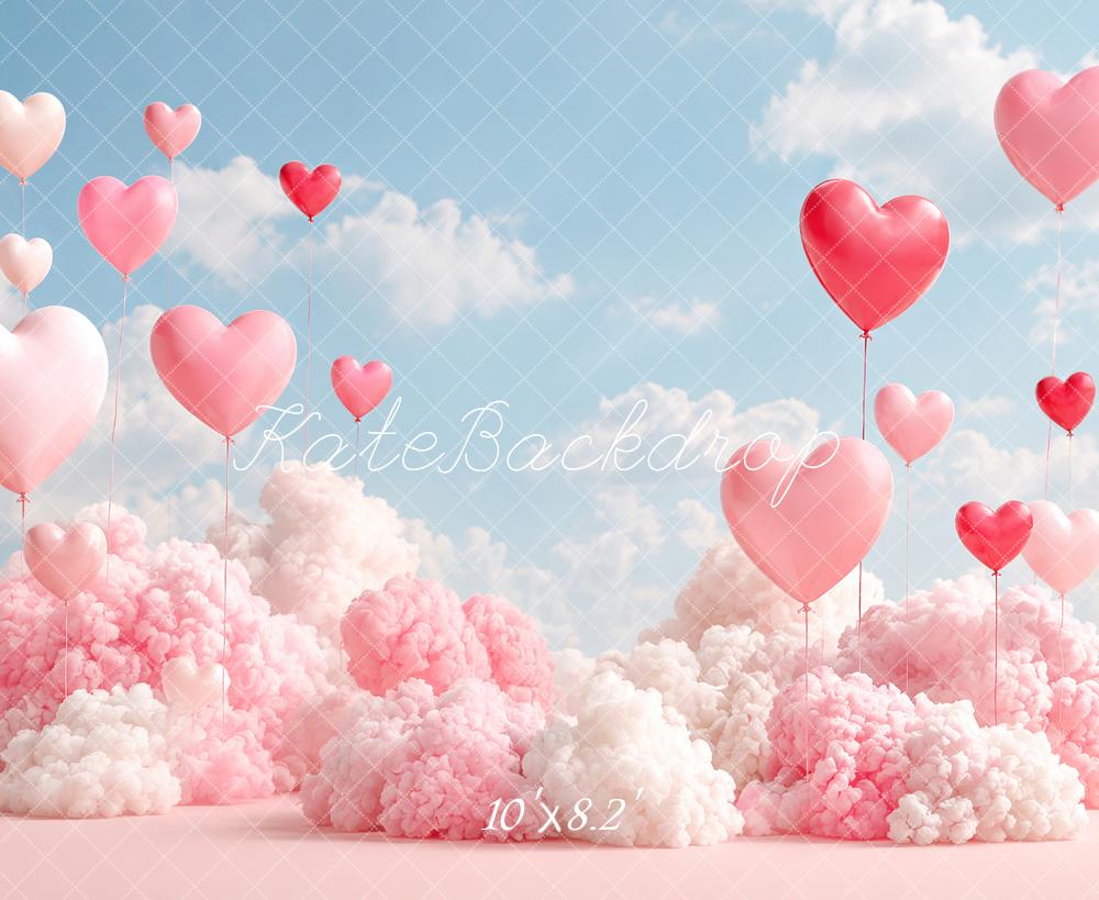 Kate Valentine's Day Heart Balloons Pink Clouds Sky Printed Backdrop Designed by Angela Miller