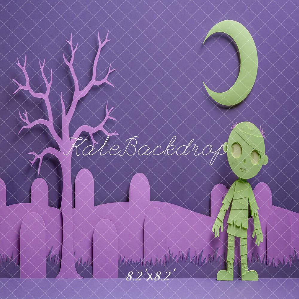 Kate Halloween Purple Graveyard Zombie Crescent Moon Paper Cut Printed Backdrop Designed by Angela Miller