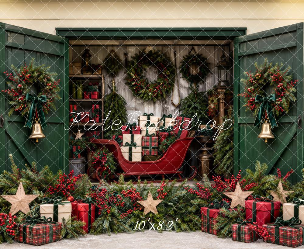 Kate Christmas Green Door Sleigh Wreath Gift Display Printed Backdrop Designed by Patty Roberts