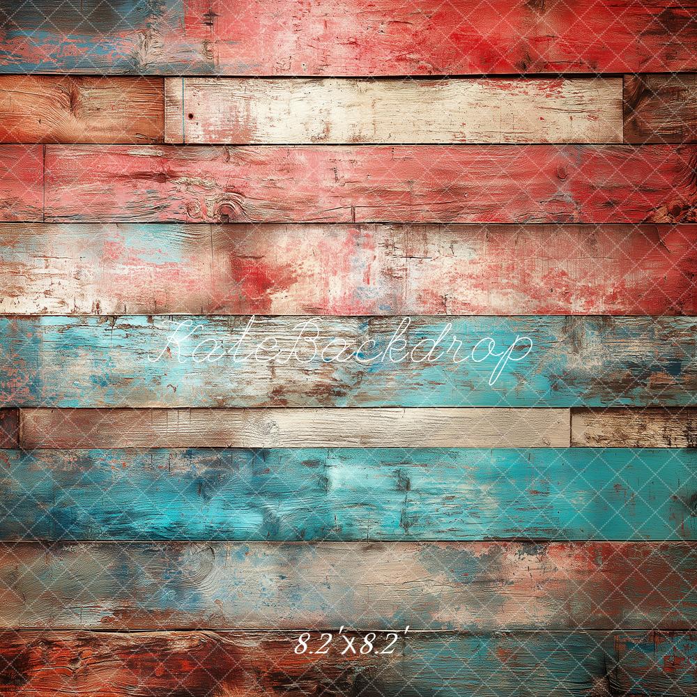 Kate Red Blue Vintage Wood Planks Floor Printed Backdrop Designed by Angela Miller