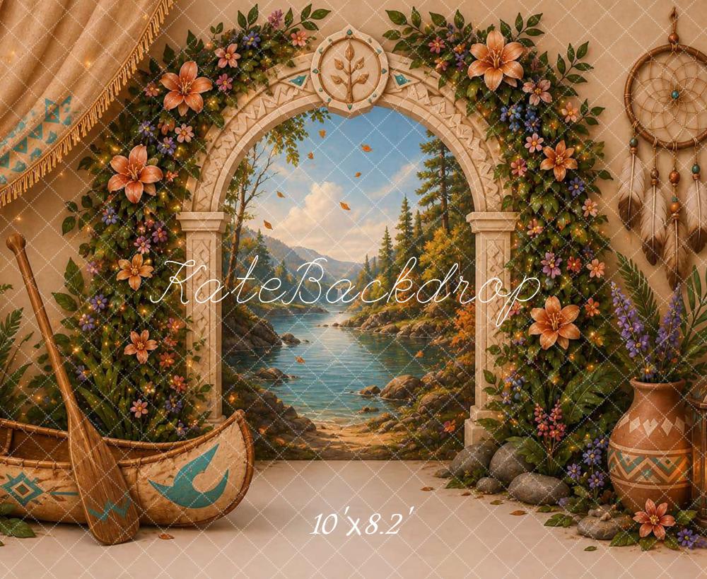 Kate Tropical Canoe Floral Archway Mountain Lake Dreamcatcher Printed Backdrop Designed by Caitlin Lynch