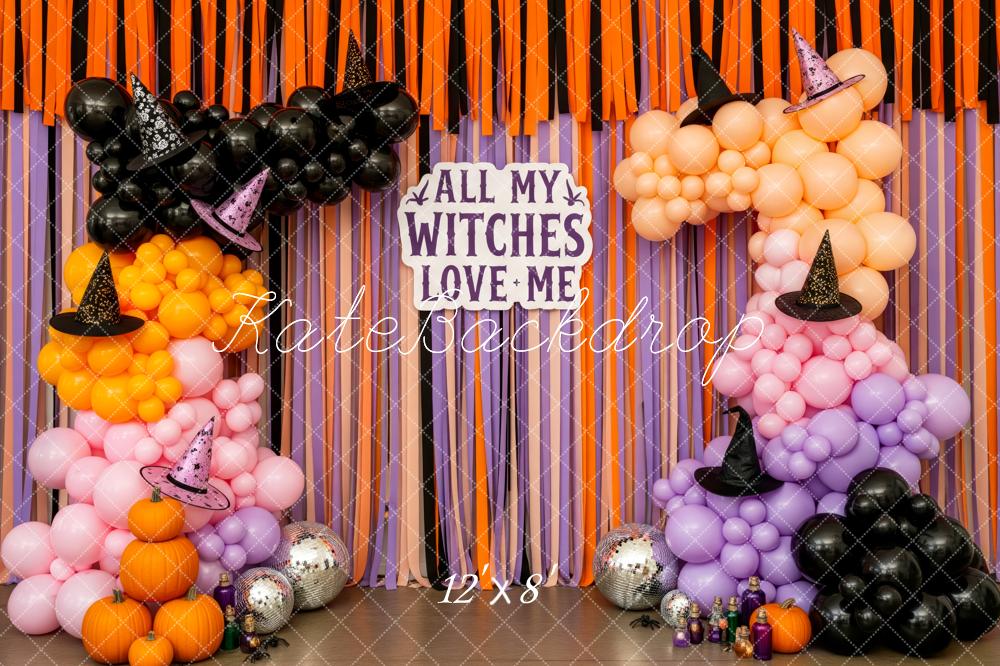 Kate Halloween Balloon Arch Witch Hat Pumpkins Orange Purple Backdrop Designed by Patty Roberts